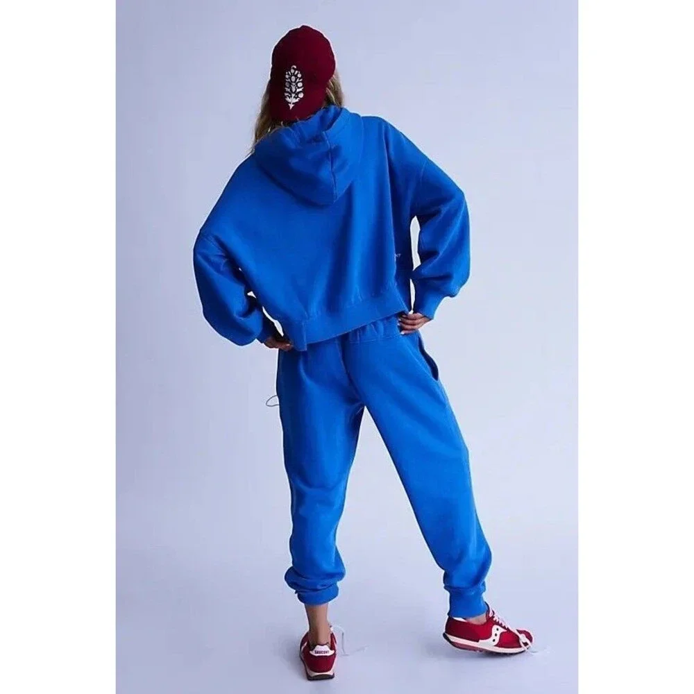 Free People FP Movement Undefeated Hoodie Cropped Top Sweatshirt Blue L 286335